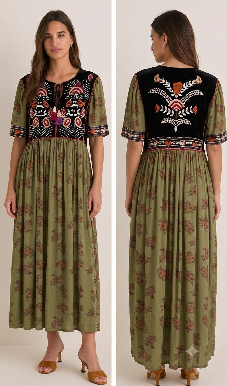 The Pyramid Collection L Embroidered Boho Floral Maxi Dress Olive Fall Fashion